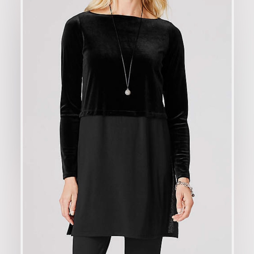 J.Jill - Luxurious Black Wearever Velvet Mixed-Media Tunic, split sides, Medium